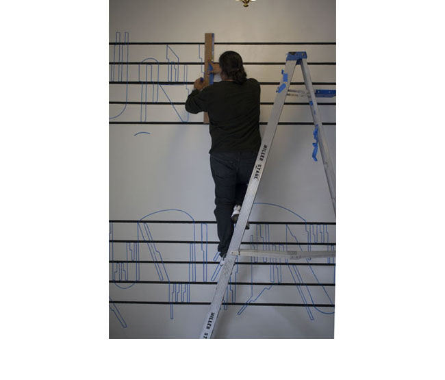 Vargas-Suarez Universal creating his site-specific work in Miller Theatre lobby, <em>Vector Composition 1</em>, October 2013. Vargas-Suarez Universal
