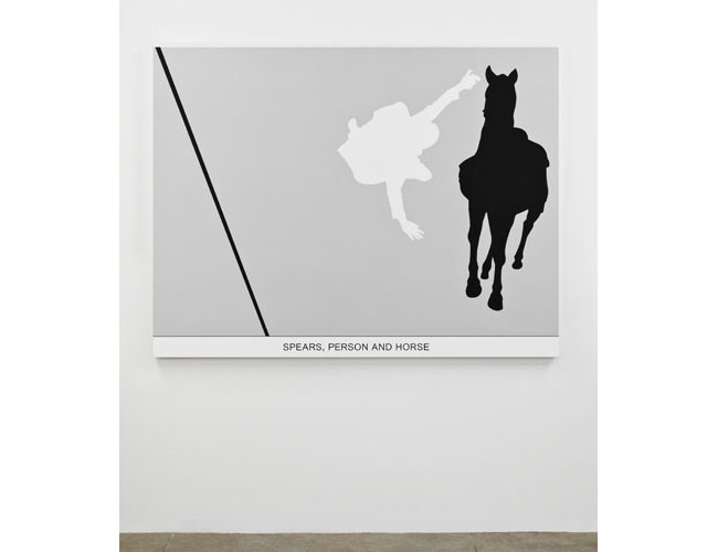 John Baldessari. <em>Sediment: Spear, Person and Horse</em>, 2010. Varnished archival print on canvas with oil and <br>
acrylic paint, 54 x 70 in. (137.2 x 177.8 cm.). Courtesy of John Baldessari. Baldessare - Sediment: Spear, Person and Horse