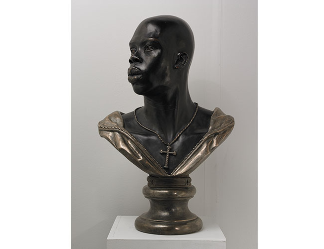 Kehinde Wiley. <em> Adwale </em>, 2010. Bronze, 24 x 16 x 11 in. (61 x 40.6 x 27.9 cm.). Edition 1/3, 2 Aps. Courtesy of the Artist and Roberts & Tilton, Culver City, California. Wiley_Adwale