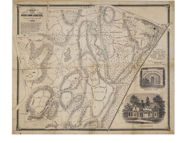 The second published map of Woodlawn (1868) signed by R.E.K. Whiting, who was in charge of the development of Woodlawn Cemetery until his death in 1871. This map shows the 300 foot square grid that is the basis for Woodlawn cartography. Avery Library, Drawings & Archives, Woodlawn Cemetery Records. 1868 Woodlawn Map