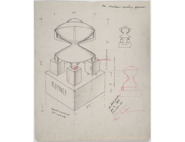 Drawing for the bronze and black granite Romney memorial located in Golden Rod plot by Alexander Archipenko. Avery Library, Drawings & Archives, Woodlawn Cemetery Records. Archipenko Romney Memorial