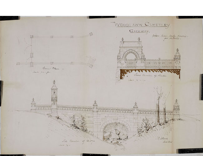 Architect Charles B. Atwood designed this gateway for Woodlawn. Atwood is best known for designing structures at the World's Columbian Exposition of 1893 in Chicago. Avery Library, Drawings & Archives, Woodlawn Cemetery Records. Atwood Woodlawn Gateway